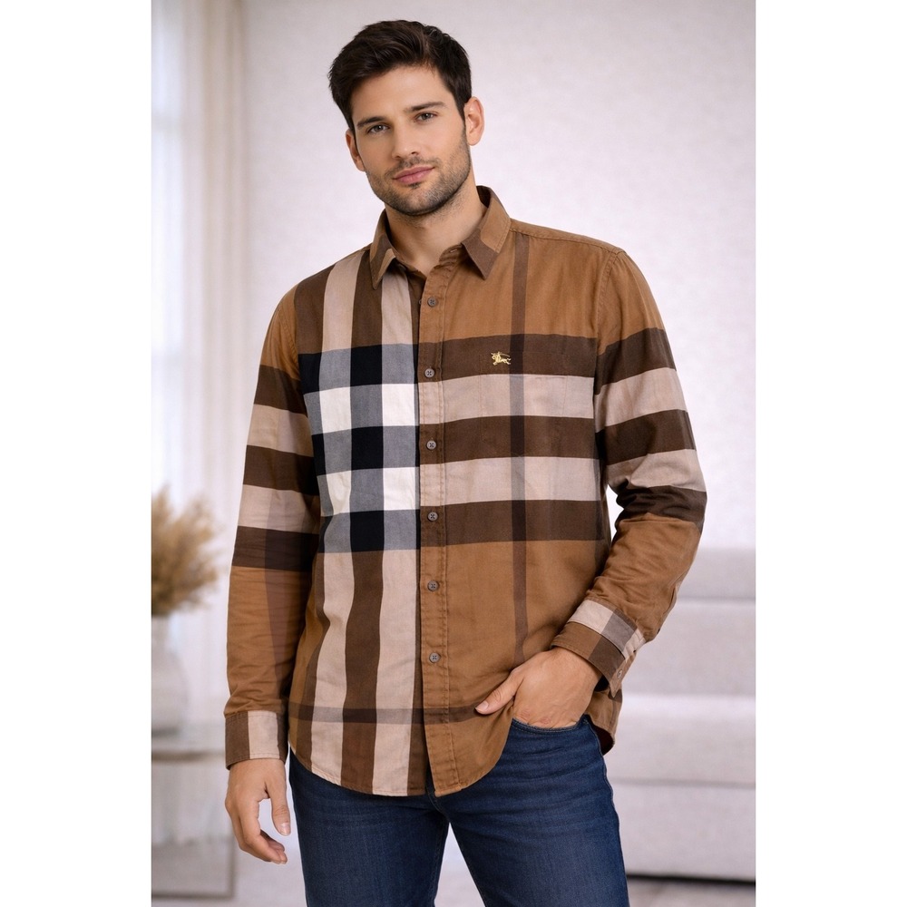 Burberry Brit Button Down Shirt Mens L Brown Nova Check Long Sleeve Excellent